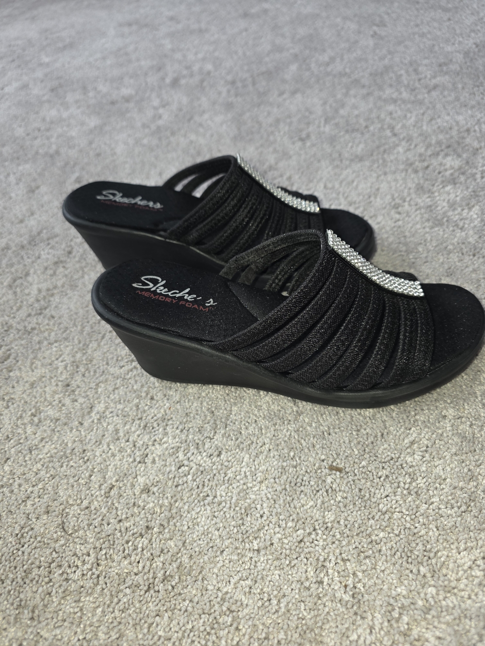Skechers Black Memory Foam Wedge Sandals with Rhinestone Accent